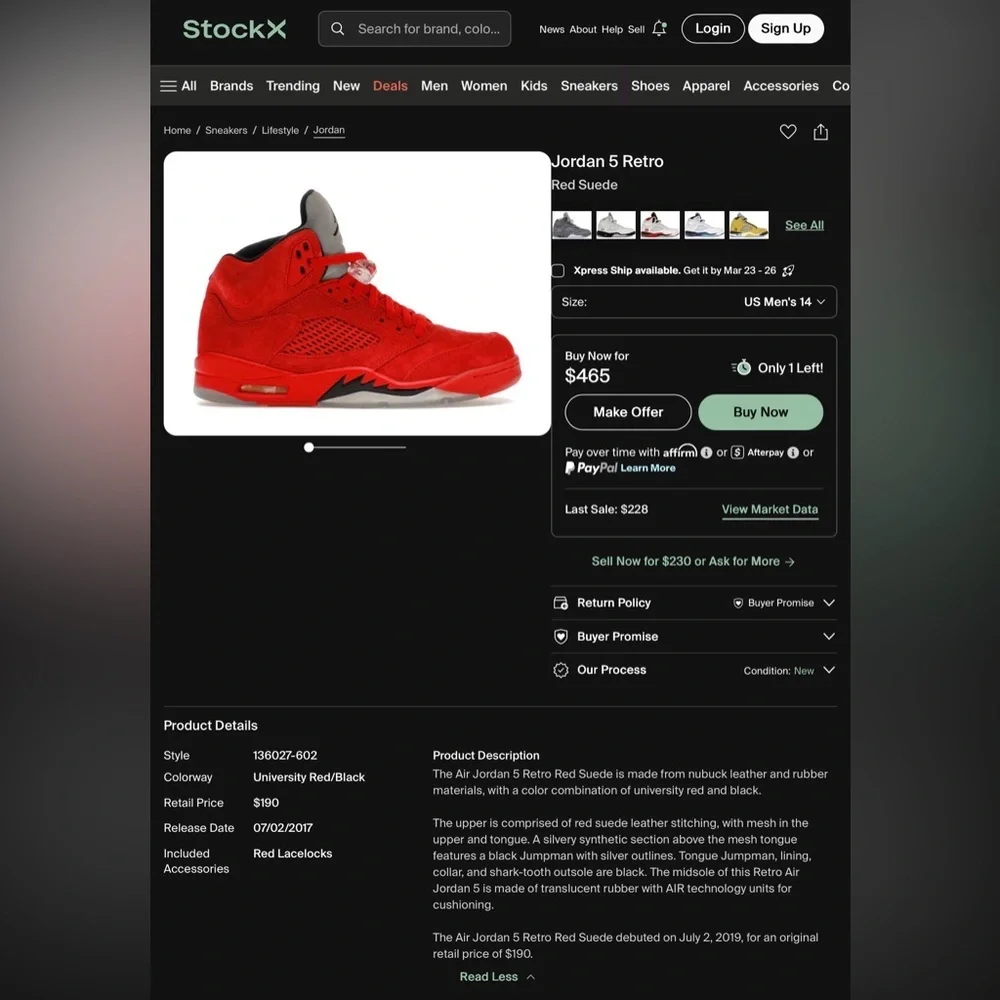 Jordan 5 Retro Red Suede 136027-602